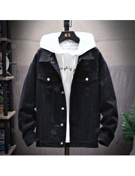 Men Denim Jacket Loose Jeans Casual Hole for Autumn Winter