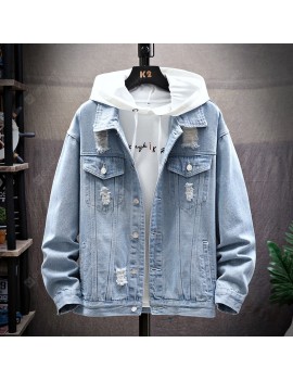 Men Denim Jacket Loose Jeans Casual Hole for Autumn Winter