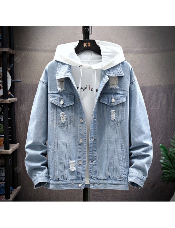 Denim Jackets - Men Denim Jacket Loose Jeans Casual Hole for Autumn Winter