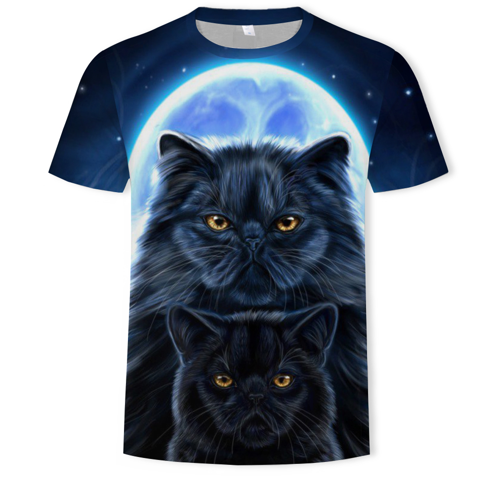 3D Summer Fashion Moonlight Cat Print Men's Short Sleeve T-shirt- Multi M