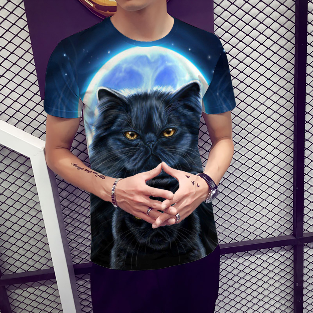 3D Summer Fashion Moonlight Cat Print Men's Short Sleeve T-shirt- Multi M