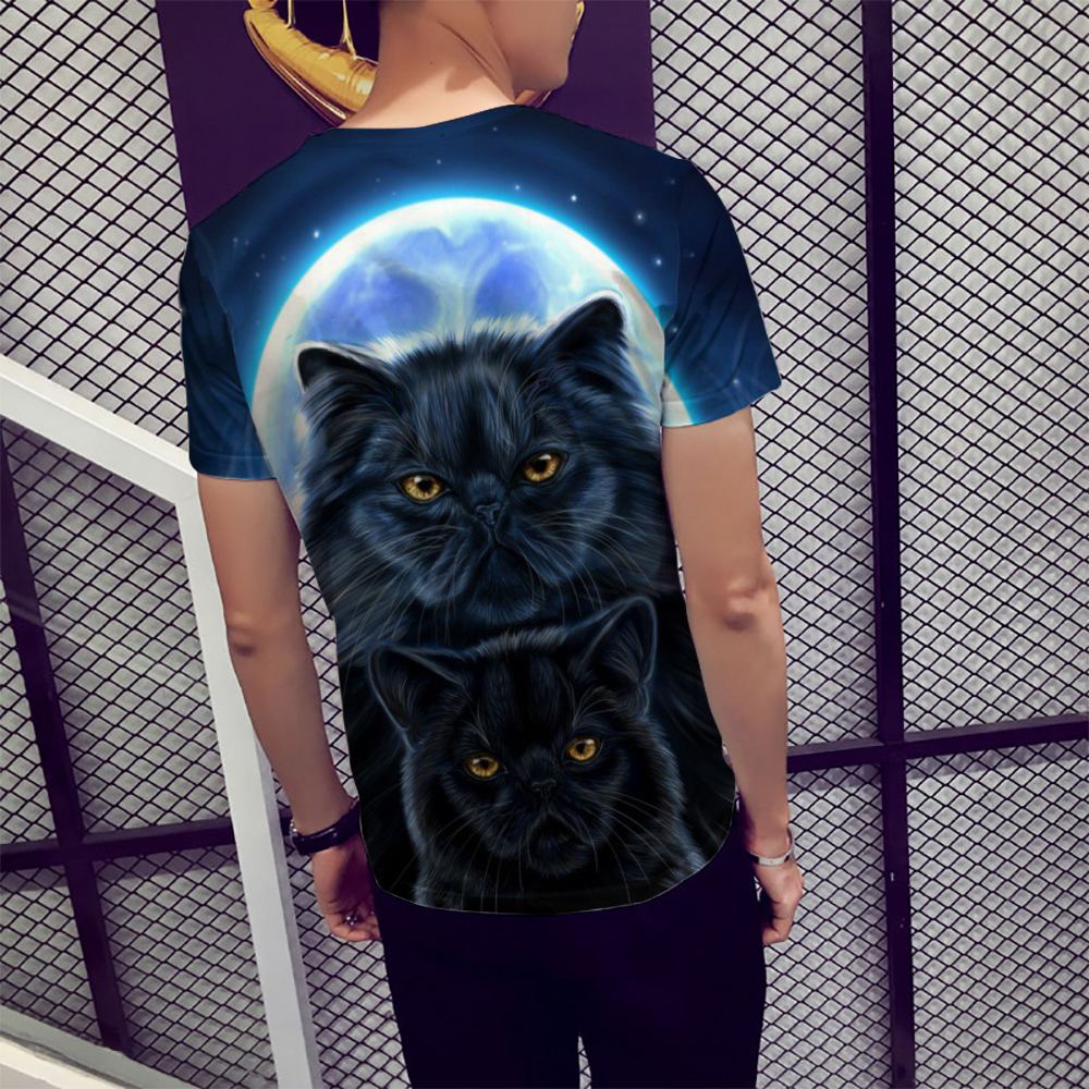 3D Summer Fashion Moonlight Cat Print Men's Short Sleeve T-shirt- Multi M